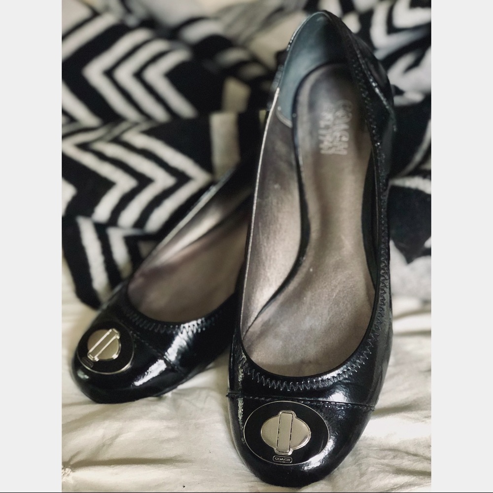 Black Patent Leather Coach Flats with Metal Logo